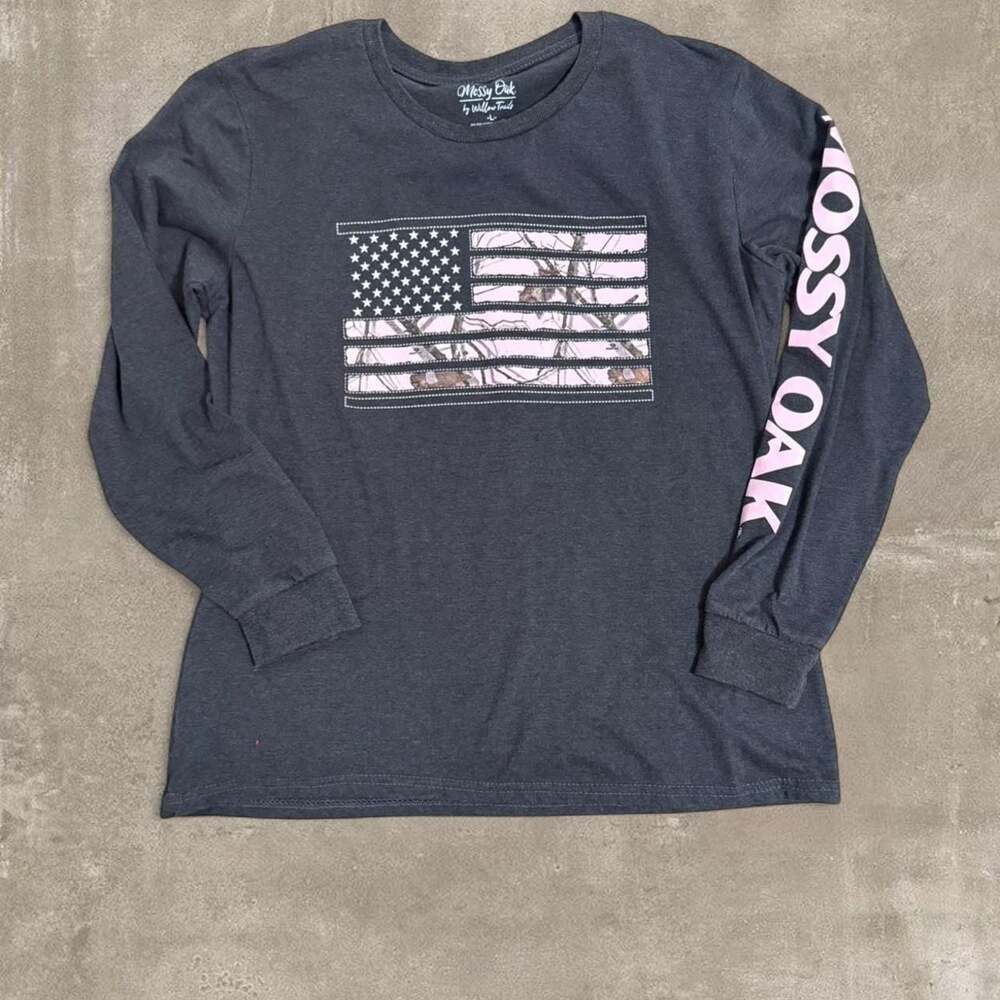 Mossy Oak by Willow Trails Long Sleeve Pink Camo Flag Shirt
